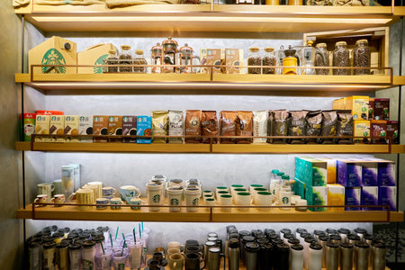 SEOUL, SOUTH KOREA - CIRCA MAY, 2017: goods on display at Starbucks in Seoul. Starbucks Corporation is an American coffee company and coffeehouse chain.のeditorial素材