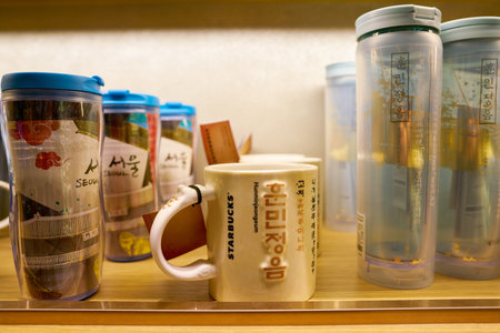 SEOUL, SOUTH KOREA - CIRCA MAY, 2017: close up shot of goods on display at Starbucks in Seoul. Starbucks Corporation is an American coffee company and coffeehouse chain.のeditorial素材