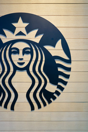 SEOUL, SOUTH KOREA - CIRCA MAY, 2017: close up shot of Starbucks sign. Starbucks Corporation is an American coffee company and coffeehouse chain.のeditorial素材