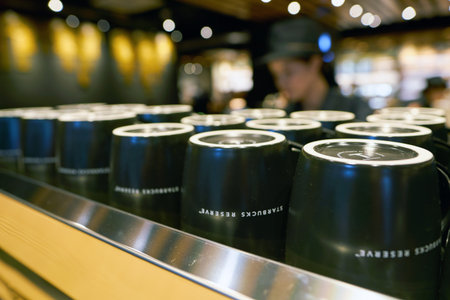 SEOUL, SOUTH KOREA - CIRCA MAY, 2017: cups on coffee machine at Starbucks Reserve in Seoul. Starbucks Corporation is an American coffee company and coffeehouse chain.のeditorial素材