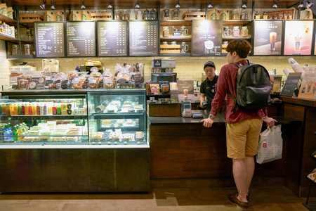 SEOUL, SOUTH KOREA - CIRCA MAY, 2017: display case at Starbucks in Seoul. Starbucks Corporation is an American coffee company and coffeehouse chain.のeditorial素材