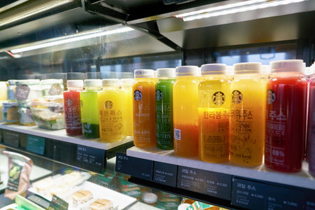 SEOUL, SOUTH KOREA - CIRCA JUNE, 2017: close up shot of ottle beverages at Starbucks in Seoul. Starbucks Corporation is an American coffee company and coffeehouse chain.のeditorial素材