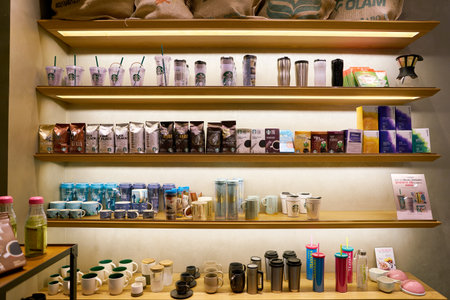 SEOUL, SOUTH KOREA - CIRCA MAY, 2017: goods on display at Starbucks in Seoul. Starbucks Corporation is an American coffee company and coffeehouse chain.のeditorial素材