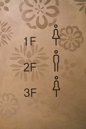 SEOUL, SOUTH KOREA - CIRCA MAY, 2017: bathroom signs at Starbucks coffee shop in Seoul. Starbucks Corporation is an American coffee company and coffeehouse chain.のeditorial素材