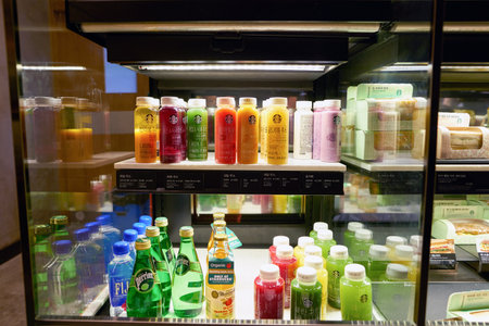 SEOUL, SOUTH KOREA - CIRCA JUNE, 2017: close up shot of ottle beverages at Starbucks in Seoul. Starbucks Corporation is an American coffee company and coffeehouse chain.のeditorial素材