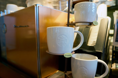 SEOUL, SOUTH KOREA - CIRCA MAY, 2017: inside Starbucks coffee shop in Seoul. Starbucks Corporation is an American coffee company and coffeehouse chain.のeditorial素材