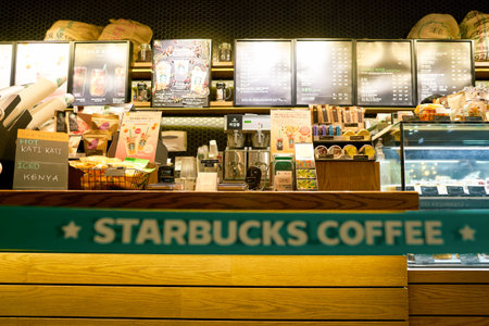 SEOUL, SOUTH KOREA - CIRCA MAY, 2017: close up shot of Starbucks sign. Starbucks Corporation is an American coffee company and coffeehouse chain.のeditorial素材