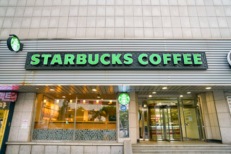 SEOUL, SOUTH KOREA - CIRCA JUNE, 2017: sign at a Starbucks in Seoul. Starbucks Corporation is an American coffee company and coffeehouse chain.のeditorial素材