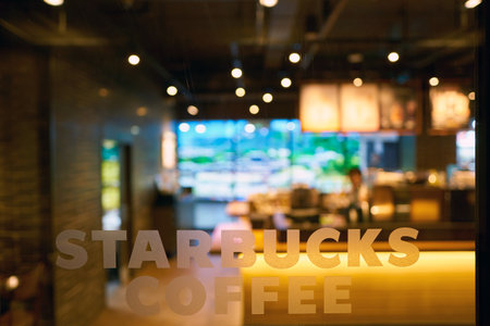 SEOUL, SOUTH KOREA - CIRCA MAY, 2017: Starbucks coffee shop in Seoul. Starbucks Corporation is an American coffee company and coffeehouse chain.のeditorial素材
