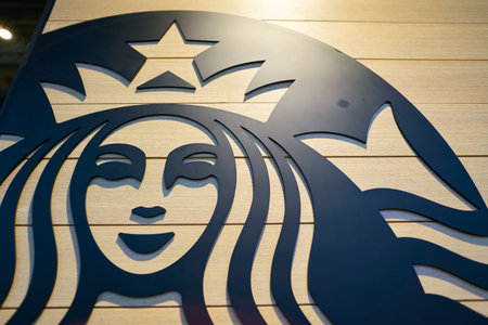 SEOUL, SOUTH KOREA - CIRCA MAY, 2017: close up shot of Starbucks sign. Starbucks Corporation is an American coffee company and coffeehouse chain.のeditorial素材