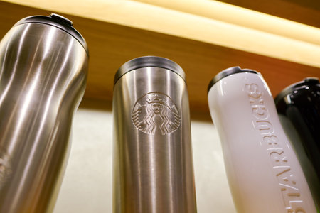 SEOUL, SOUTH KOREA - CIRCA MAY, 2017: close up shot of goods on display at Starbucks in Seoul. Starbucks Corporation is an American coffee company and coffeehouse chain.のeditorial素材
