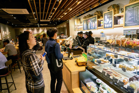 SEOUL, SOUTH KOREA - CIRCA MAY, 2017: display case at Starbucks in Seoul. Starbucks Corporation is an American coffee company and coffeehouse chain.のeditorial素材
