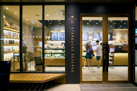 SEOUL, SOUTH KOREA - CIRCA MAY, 2017: Starbucks coffee shop in Seoul. Starbucks Corporation is an American coffee company and coffeehouse chain.のeditorial素材