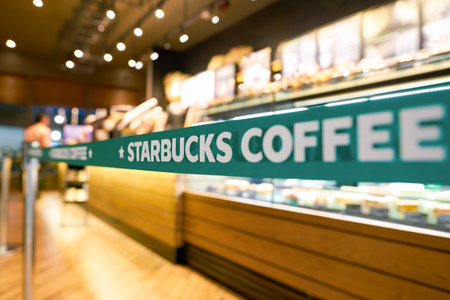 SEOUL, SOUTH KOREA - CIRCA MAY, 2017: close up shot of Starbucks sign. Starbucks Corporation is an American coffee company and coffeehouse chain.のeditorial素材