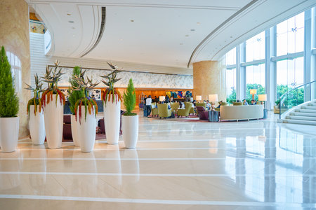 HONG KONG - CIRCA SEPTEMBER, 2016: Four Seasons Hotel Hong Kong Lobby. Four Seasons Hotel Hong Kong is a five-star hotel building in the Sun Hung Kai Properties.のeditorial素材