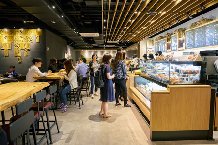 SEOUL, SOUTH KOREA - CIRCA MAY, 2017: inside Starbucks coffee shop in Seoul. Starbucks Corporation...