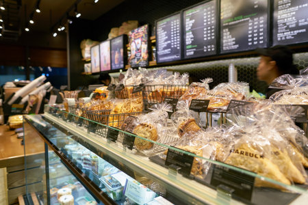 SEOUL, SOUTH KOREA - CIRCA MAY, 2017: display case at Starbucks in Seoul. Starbucks Corporation is an American coffee company and coffeehouse chain.のeditorial素材