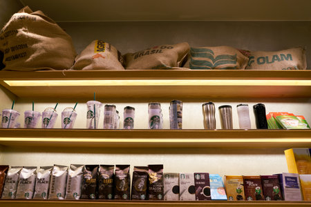 SEOUL, SOUTH KOREA - CIRCA MAY, 2017: goods on display at Starbucks coffee shop in Seoul. Starbucks Corporation is an American coffee company and coffeehouse chain.のeditorial素材