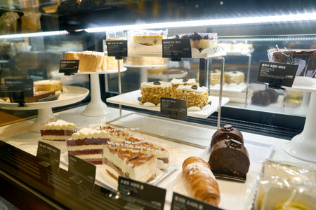 SEOUL, SOUTH KOREA - CIRCA JUNE, 2017: close up shot of desserts at Starbucks in Seoul. Starbucks Corporation is an American coffee company and coffeehouse chain.のeditorial素材