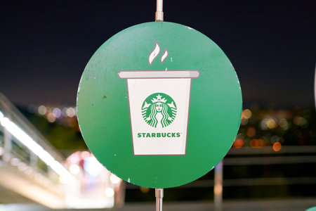 SEOUL, SOUTH KOREA - CIRCA MAY, 2017: close up shot of Starbucks sign. Starbucks Corporation is an American coffee company and coffeehouse chain.のeditorial素材