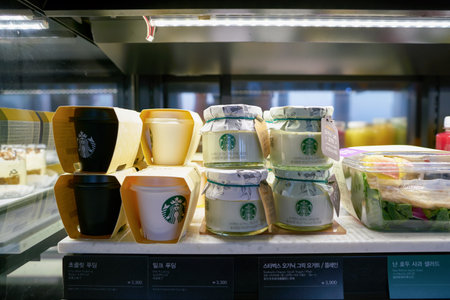 SEOUL, SOUTH KOREA - CIRCA JUNE, 2017: close up shot of food at Starbucks in Seoul. Starbucks Corporation is an American coffee company and coffeehouse chain.のeditorial素材