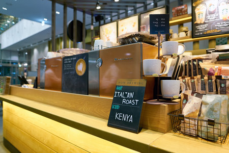 SEOUL, SOUTH KOREA - CIRCA MAY, 2017: inside Starbucks coffee shop in Seoul. Starbucks Corporation is an American coffee company and coffeehouse chain.のeditorial素材