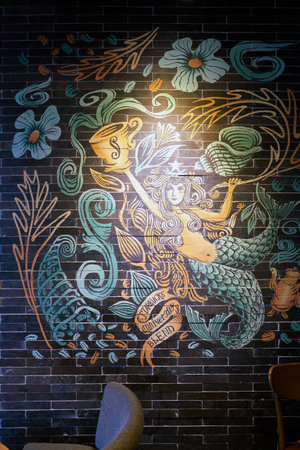 SEOUL, SOUTH KOREA - CIRCA MAY, 2017: inside Starbucks coffee shop in Seoul. Starbucks Corporation is an American coffee company and coffeehouse chain.のeditorial素材