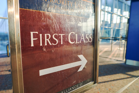 HONG KONG - CIRCA SEPTEMBER, 2016: First Class boarding sign at Hong Kong International Airport.