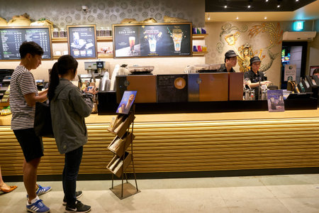SEOUL, SOUTH KOREA - CIRCA MAY, 2017: inside Starbucks coffee shop in Seoul. Starbucks Corporation...