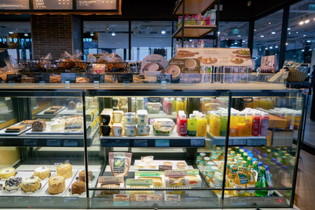 SEOUL, SOUTH KOREA - CIRCA MAY, 2017: display case at Starbucks in Seoul. Starbucks Corporation is an American coffee company and coffeehouse chain.のeditorial素材
