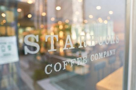 SEOUL, SOUTH KOREA - CIRCA MAY, 2017: close up shot of Starbucks sign. Starbucks Corporation is an American coffee company and coffeehouse chain.のeditorial素材