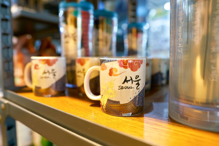 SEOUL, SOUTH KOREA - CIRCA MAY, 2017: goods on display at Starbucks coffee shop in Seoul. Starbucks Corporation is an American coffee company and coffeehouse chain.のeditorial素材