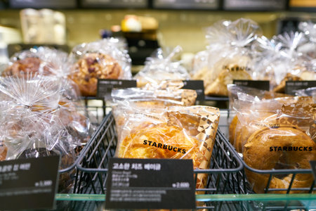 SEOUL, SOUTH KOREA - CIRCA JUNE, 2017: close up shot of pastries at Starbucks in Seoul. Starbucks...
