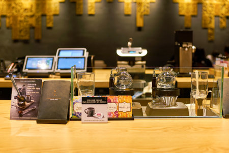 SEOUL, SOUTH KOREA - CIRCA MAY, 2017: inside Starbucks Reserve in Seoul. Starbucks Corporation is an American coffee company and coffeehouse chain.のeditorial素材