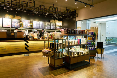 SEOUL, SOUTH KOREA - CIRCA MAY, 2017: goods on display at Starbucks in Seoul. Starbucks Corporation is an American coffee company and coffeehouse chain.のeditorial素材