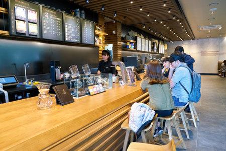 SEOUL, SOUTH KOREA - CIRCA MAY, 2017: inside Starbucks Reserve in Seoul. Starbucks Corporation is an...