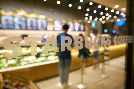SEOUL, SOUTH KOREA - CIRCA MAY, 2017: Starbucks coffee shop in Seoul. Starbucks Corporation is an American coffee company and coffeehouse chain.のeditorial素材