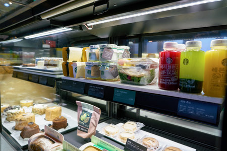 SEOUL, SOUTH KOREA - CIRCA JUNE, 2017: close up shot of food at Starbucks in Seoul. Starbucks Corporation is an American coffee company and coffeehouse chain.のeditorial素材