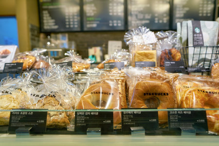 SEOUL, SOUTH KOREA - CIRCA JUNE, 2017: close up shot of pastries at Starbucks in Seoul. Starbucks Corporation is an American coffee company and coffeehouse chain.のeditorial素材