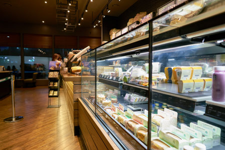 SEOUL, SOUTH KOREA - CIRCA MAY, 2017: display case at Starbucks in Seoul. Starbucks Corporation is an American coffee company and coffeehouse chain.のeditorial素材