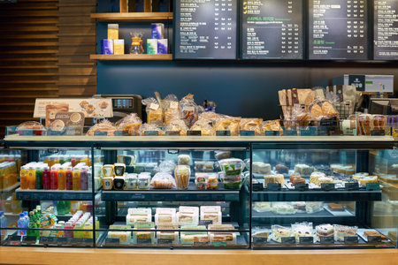 SEOUL, SOUTH KOREA - CIRCA MAY, 2017: display case at Starbucks in Seoul. Starbucks Corporation is an American coffee company and coffeehouse chain.のeditorial素材
