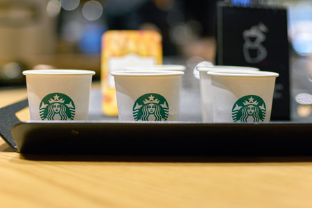 SEOUL, SOUTH KOREA - CIRCA MAY, 2017: a tray of samples on a table in Starbucks. Starbucks Corporation is an American coffee company and coffeehouse chain.のeditorial素材