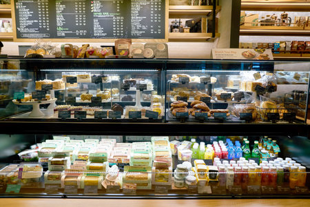 SEOUL, SOUTH KOREA - CIRCA MAY, 2017: display case at Starbucks in Seoul. Starbucks Corporation is an American coffee company and coffeehouse chain.のeditorial素材