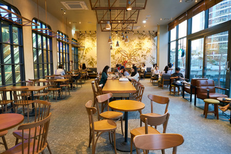 SEOUL, SOUTH KOREA - CIRCA JUNE, 2017: inside Starbucks in Seoul. Starbucks Corporation is an American coffee company and coffeehouse chain.のeditorial素材
