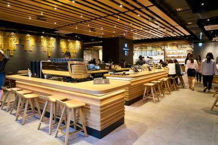 SEOUL, SOUTH KOREA - CIRCA MAY, 2017: inside Starbucks in Seoul. Starbucks Corporation is an American coffee company and coffeehouse chain.のeditorial素材