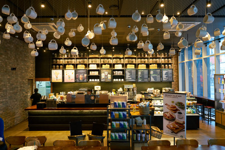 SEOUL, SOUTH KOREA - CIRCA MAY, 2017: inside Starbucks in Seoul. Starbucks Corporation is an...