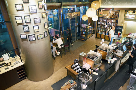 SEOUL, SOUTH KOREA - CIRCA MAY, 2017: inside Starbucks in Seoul. Starbucks Corporation is an American coffee company and coffeehouse chain.のeditorial素材