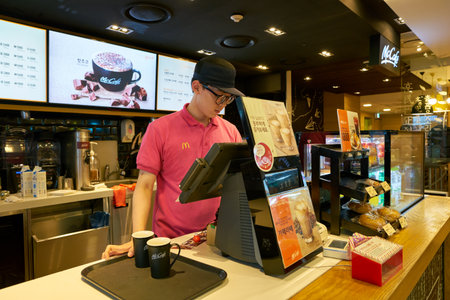 SEOUL, SOUTH KOREA - CIRCA MAY, 2017: worker at McCafe. McCafe is a coffee-house-style food and...