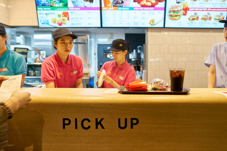 SEOUL, SOUTH KOREA - CIRCA MAY, 2017: inside a McDonald's restaurant. McDonald's is an American hamburger and fast food restaurant chain.のeditorial素材