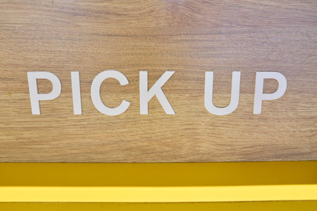 SEOUL, SOUTH KOREA - CIRCA MAY, 2017: close up shot of pick up sign at McDonald's restaurant. McDonald's is an American hamburger and fast food restaurant chain.のeditorial素材